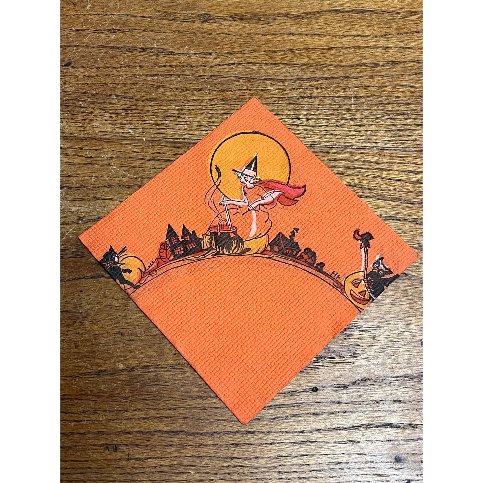 Vintage 1930s Halloween Dennison Crepe Paper Napkin Flying Witch Art Deco JOL
