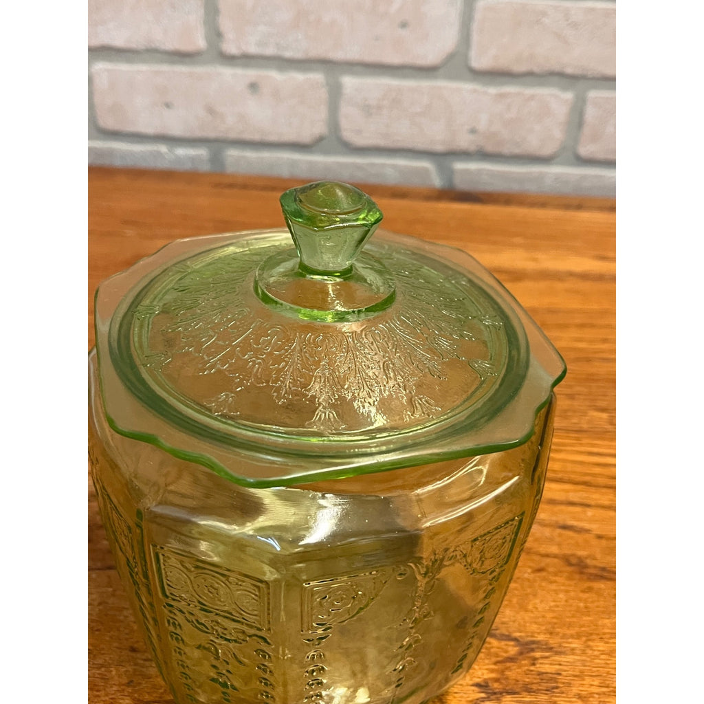 Vintage Anchor Hocking Princess Green Uranium Depression Glass Cookie Jar Lidded