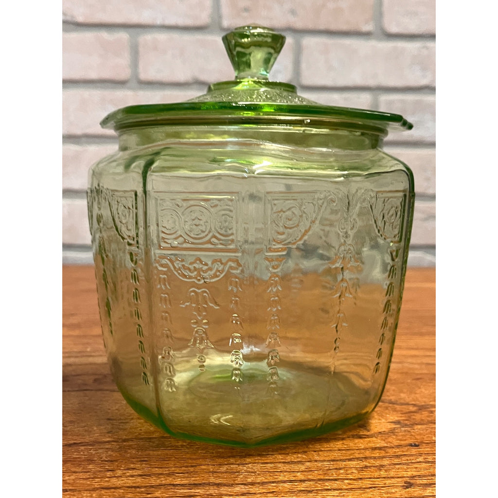 Vintage Anchor Hocking Princess Green Uranium Depression Glass Cookie Jar Lidded