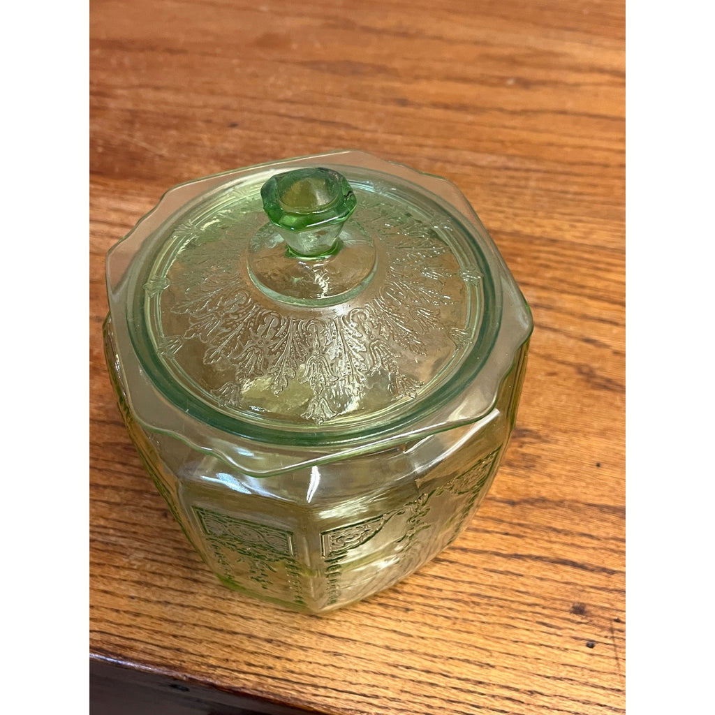 Vintage Anchor Hocking Princess Green Uranium Depression Glass Cookie Jar Lidded
