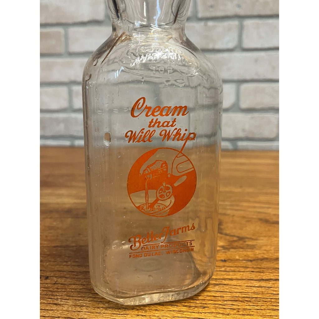 Vintage Better Farms Dairy Products "Cream That Will Whip" Milk Bottle Fond du Lac Wisconsin WI One Quart
