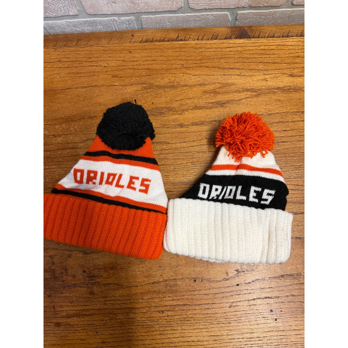 Pair Baltimore Orioles Winter Hats Pom Pom Orange White Black