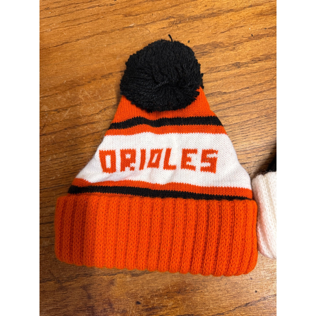 Pair Baltimore Orioles Winter Hats Pom Pom Orange White Black