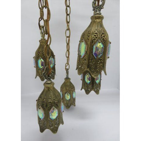 Stunning Hollywood Regency 5 Tier Hanging Tulip Swag Iridescent Glass Lamp