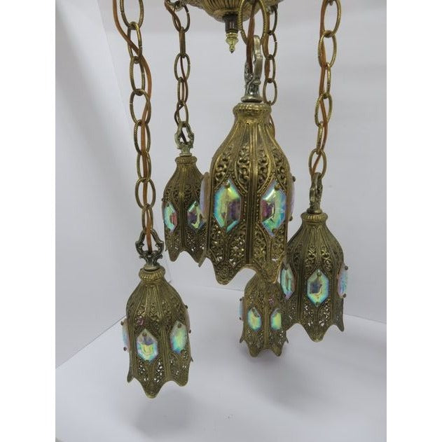 Stunning Hollywood Regency 5 Tier Hanging Tulip Swag Iridescent Glass Lamp