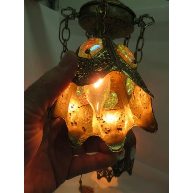 Stunning Hollywood Regency 5 Tier Hanging Tulip Swag Iridescent Glass Lamp