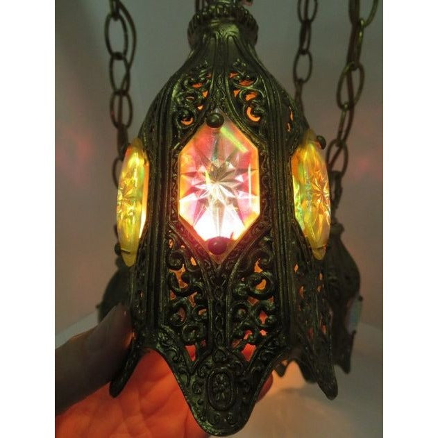 Stunning Hollywood Regency 5 Tier Hanging Tulip Swag Iridescent Glass Lamp
