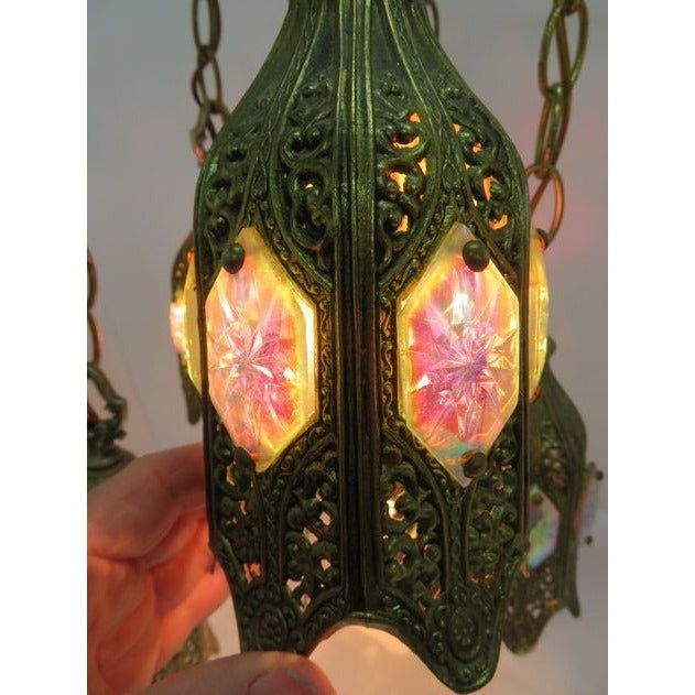 Stunning Hollywood Regency 5 Tier Hanging Tulip Swag Iridescent Glass Lamp