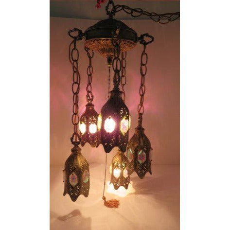 Stunning Hollywood Regency 5 Tier Hanging Tulip Swag Iridescent Glass Lamp