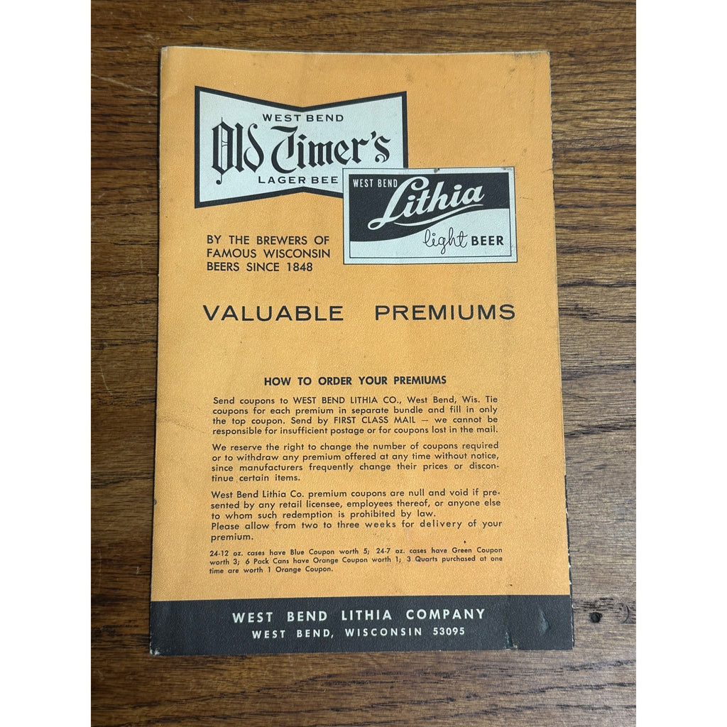 WEST BEND LITHIA BREWING COMPANY VALUABLE PREMIUMS ADVERTISING BOOKLET