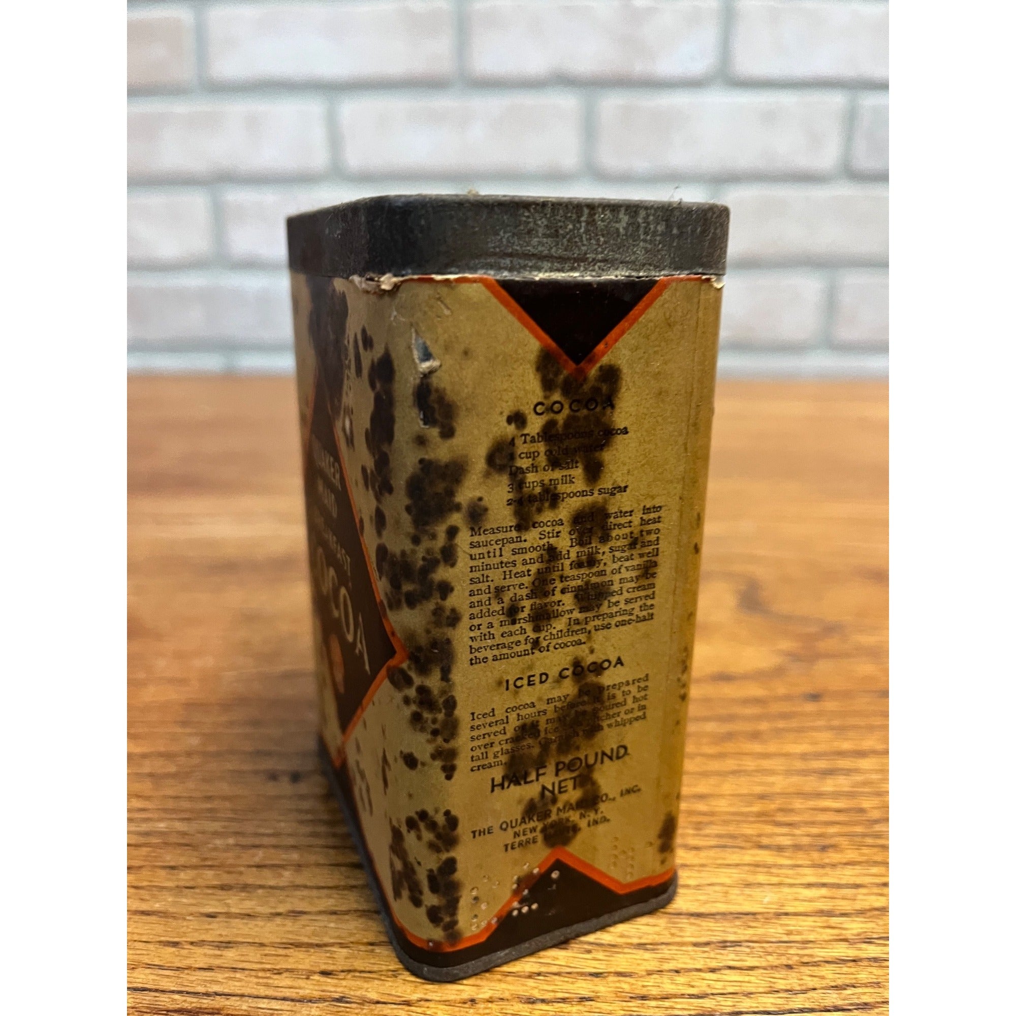 Vintage 1920s Quaker Maid Cocoa Tin Can Advertising Terre Haute Ind. Label