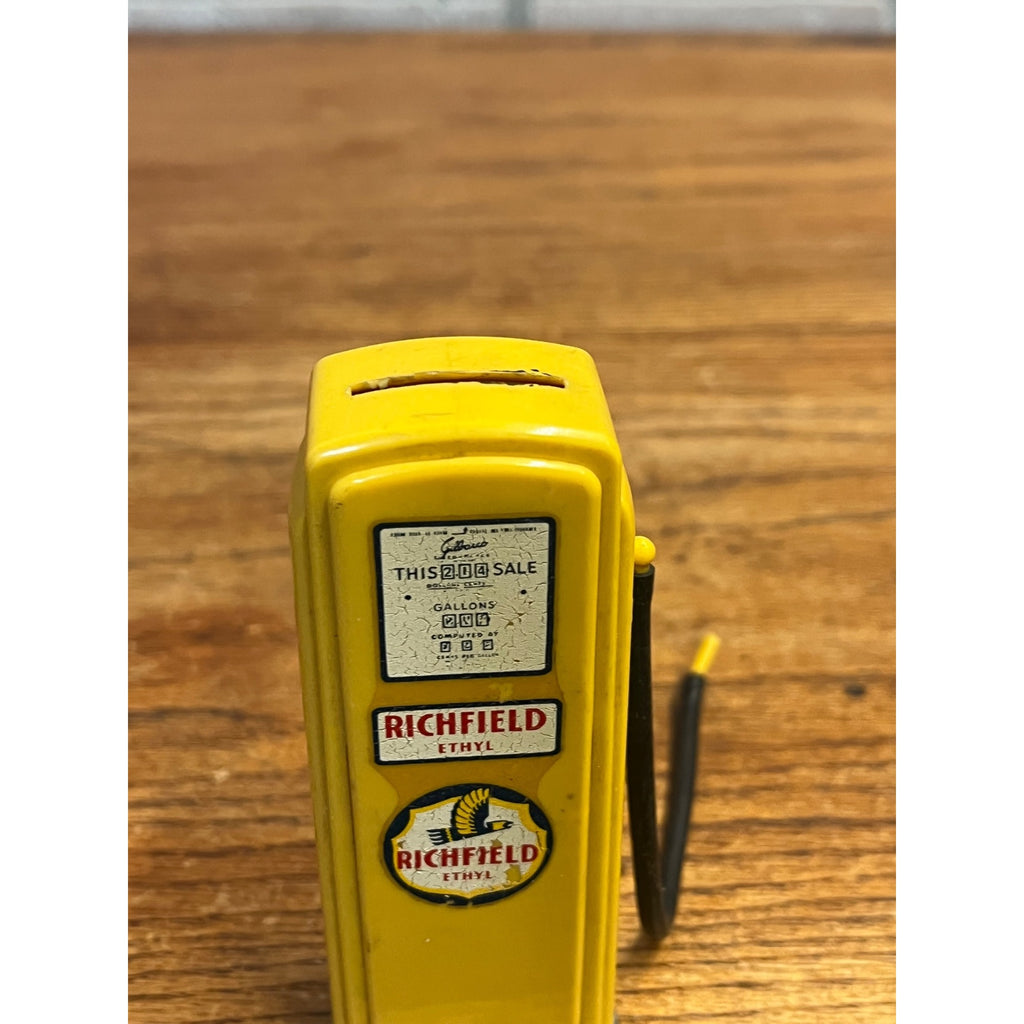 RARE Vintage 1950s Richfield Gas Pump Plastic Coin Bank Yellow Advertising Toy