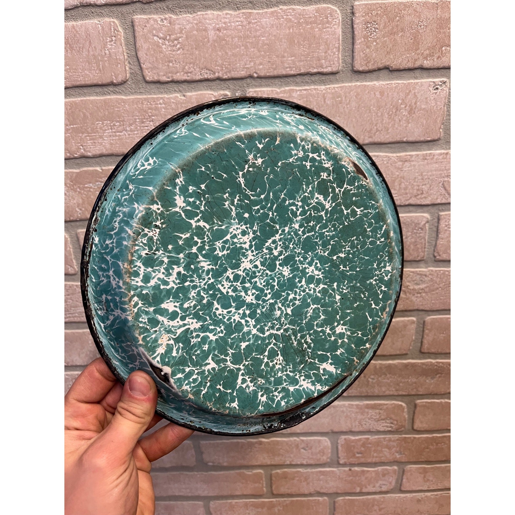 Antique Primitive Teal and White Swirl Enamel Graniteware Round Pie Pan/ Baking Dish/ Farmhouse Decor