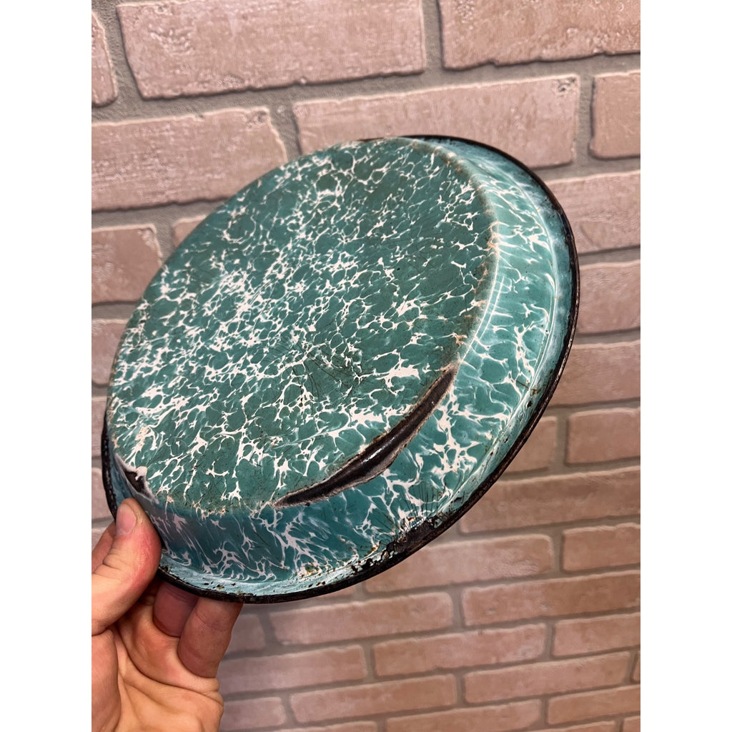 Antique Primitive Teal and White Swirl Enamel Graniteware Round Pie Pan/ Baking Dish/ Farmhouse Decor