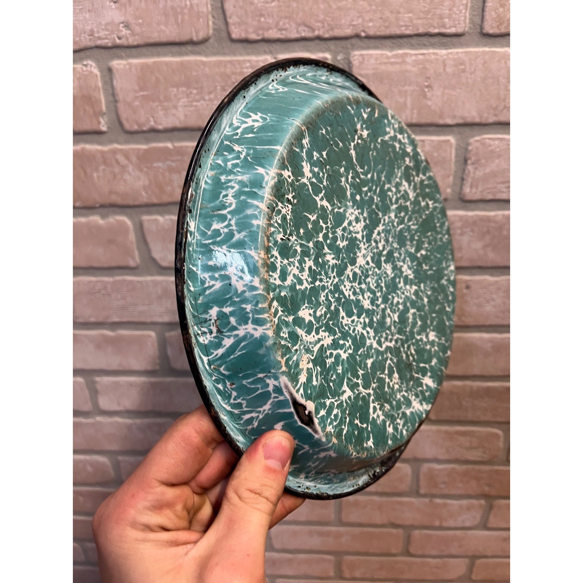 Antique Primitive Teal and White Swirl Enamel Graniteware Round Pie Pan/ Baking Dish/ Farmhouse Decor