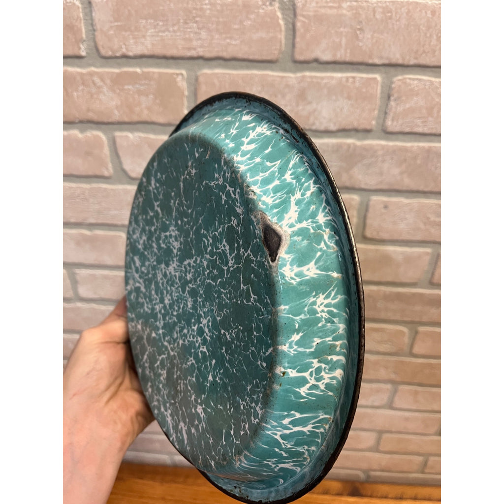 Antique Primitive Teal and White Swirl Enamel Graniteware Round Pie Pan/ Baking Dish/ Farmhouse Decor