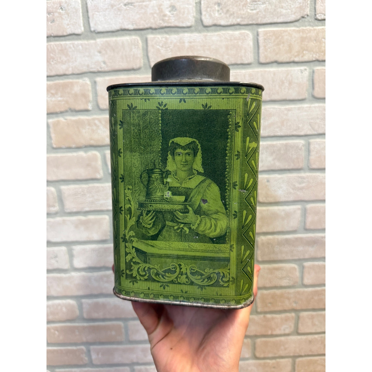Victorian Antique Green Lithograph Tin Tea Box Metal Decorative Scenes Primitive Kitchen Decor