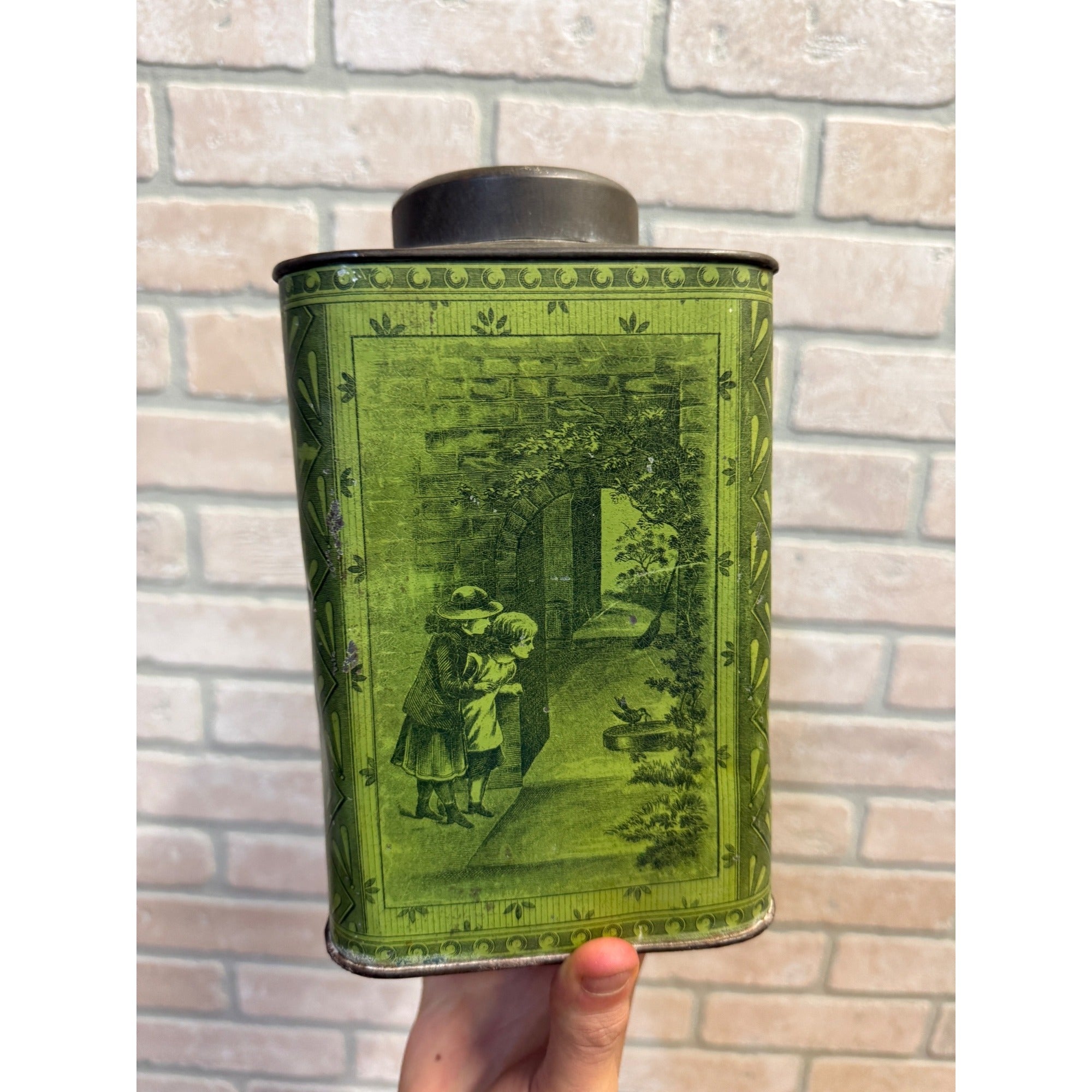 Victorian Antique Green Lithograph Tin Tea Box Metal Decorative Scenes Primitive Kitchen Decor