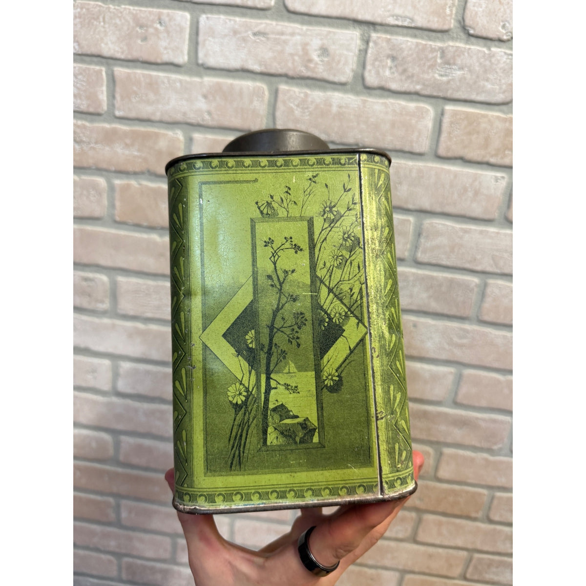 Victorian Antique Green Lithograph Tin Tea Box Metal Decorative Scenes Primitive Kitchen Decor