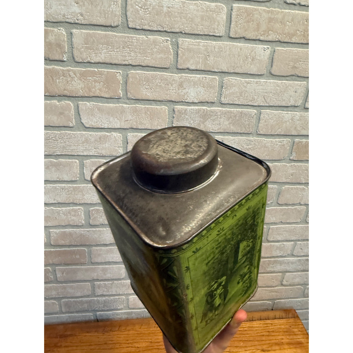 Victorian Antique Green Lithograph Tin Tea Box Metal Decorative Scenes Primitive Kitchen Decor