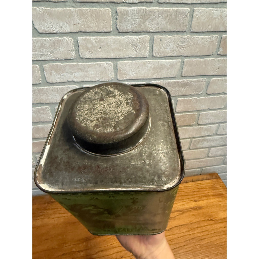 Victorian Antique Green Lithograph Tin Tea Box Metal Decorative Scenes Primitive Kitchen Decor