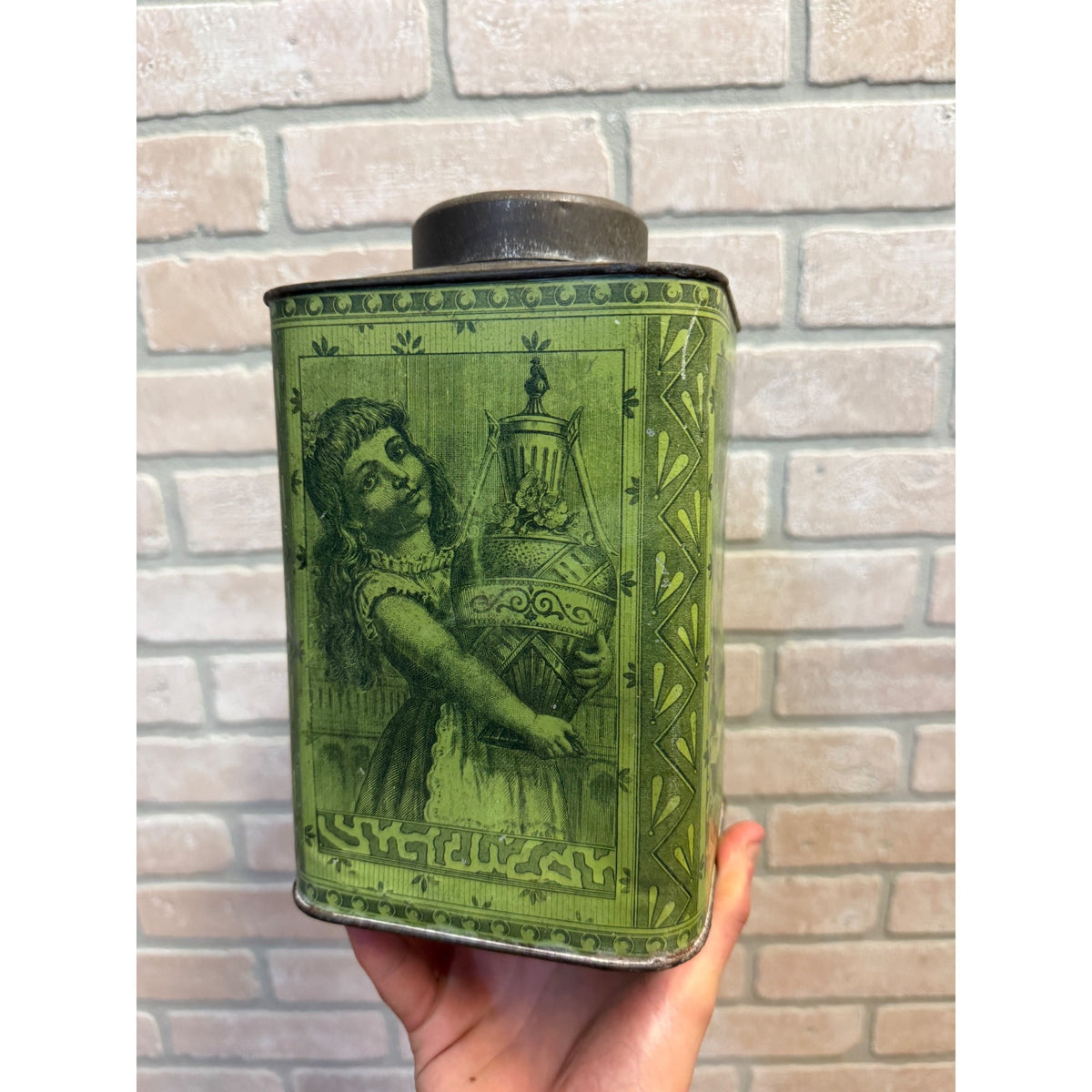 Victorian Antique Green Lithograph Tin Tea Box Metal Decorative Scenes Primitive Kitchen Decor
