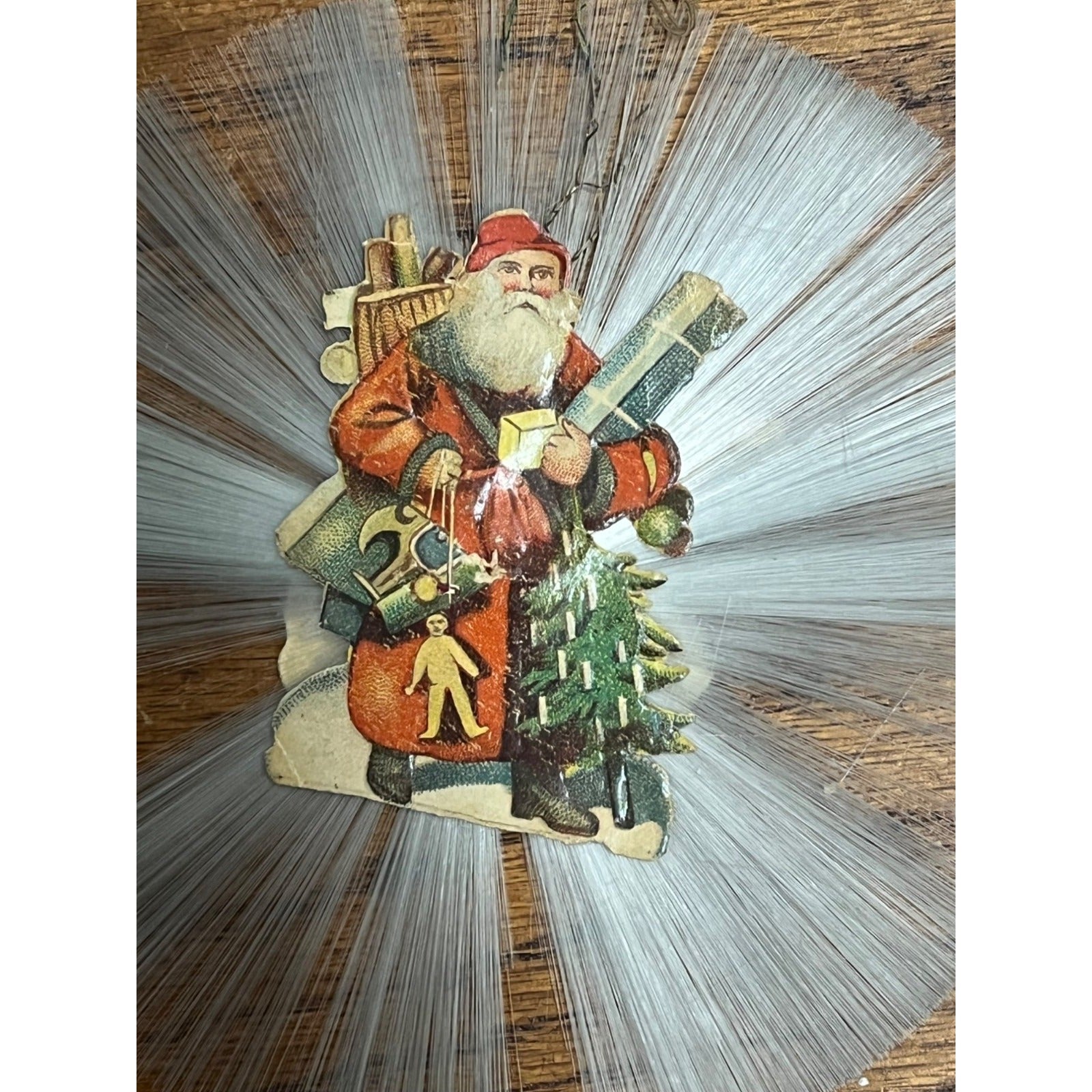 Antique Victorian German Diecut Scrap Spun Glass Ornament Santa w/ Toys