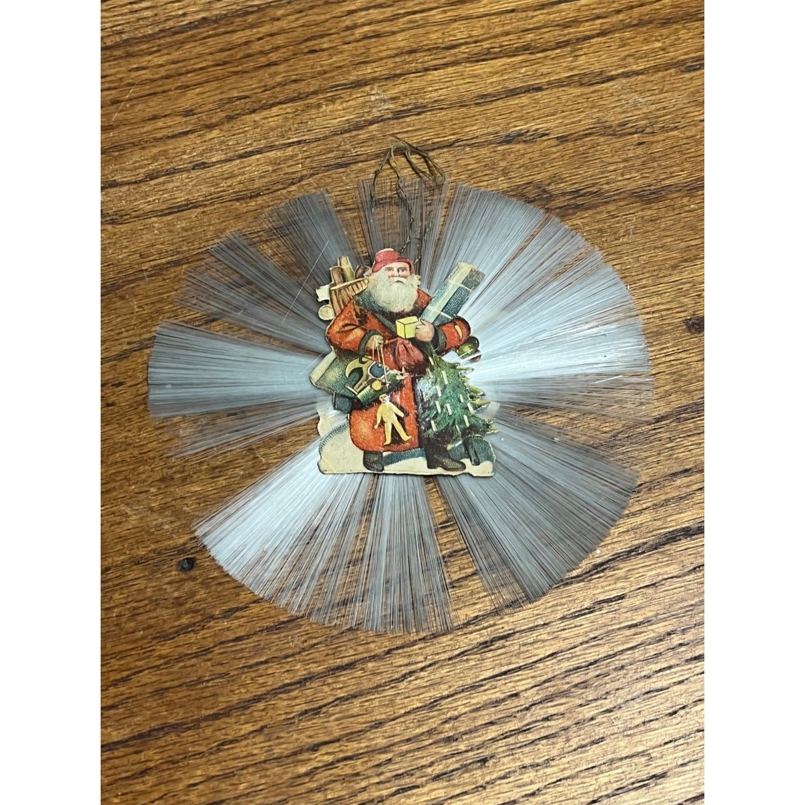 Antique Victorian German Diecut Scrap Spun Glass Ornament Santa w/ Toys