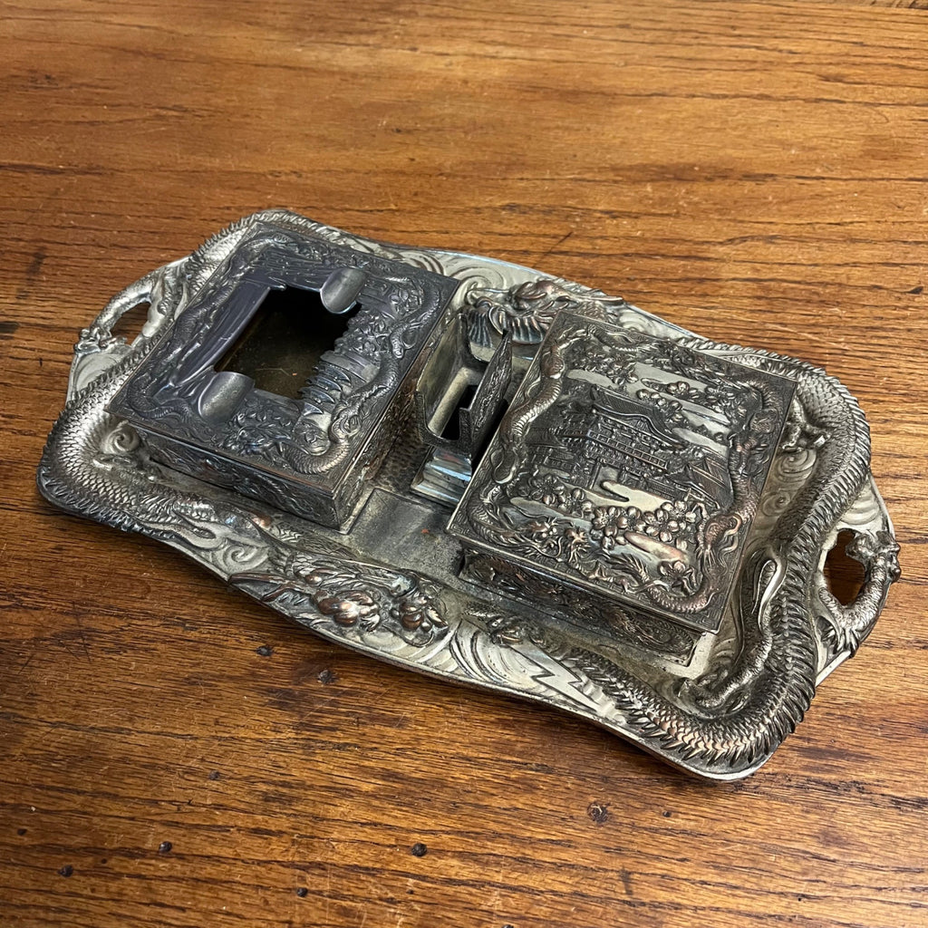 Vintage Japanese Nickel Plated Bronze Smoking Set Cigarette & Match Holder Tray