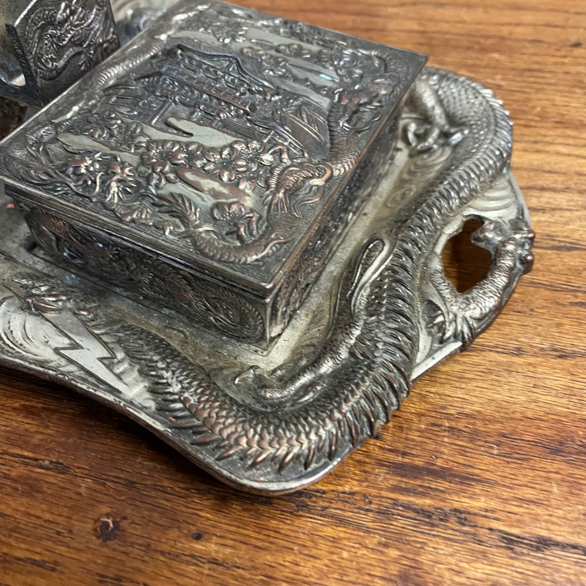 Vintage Japanese Nickel Plated Bronze Smoking Set Cigarette & Match Holder Tray