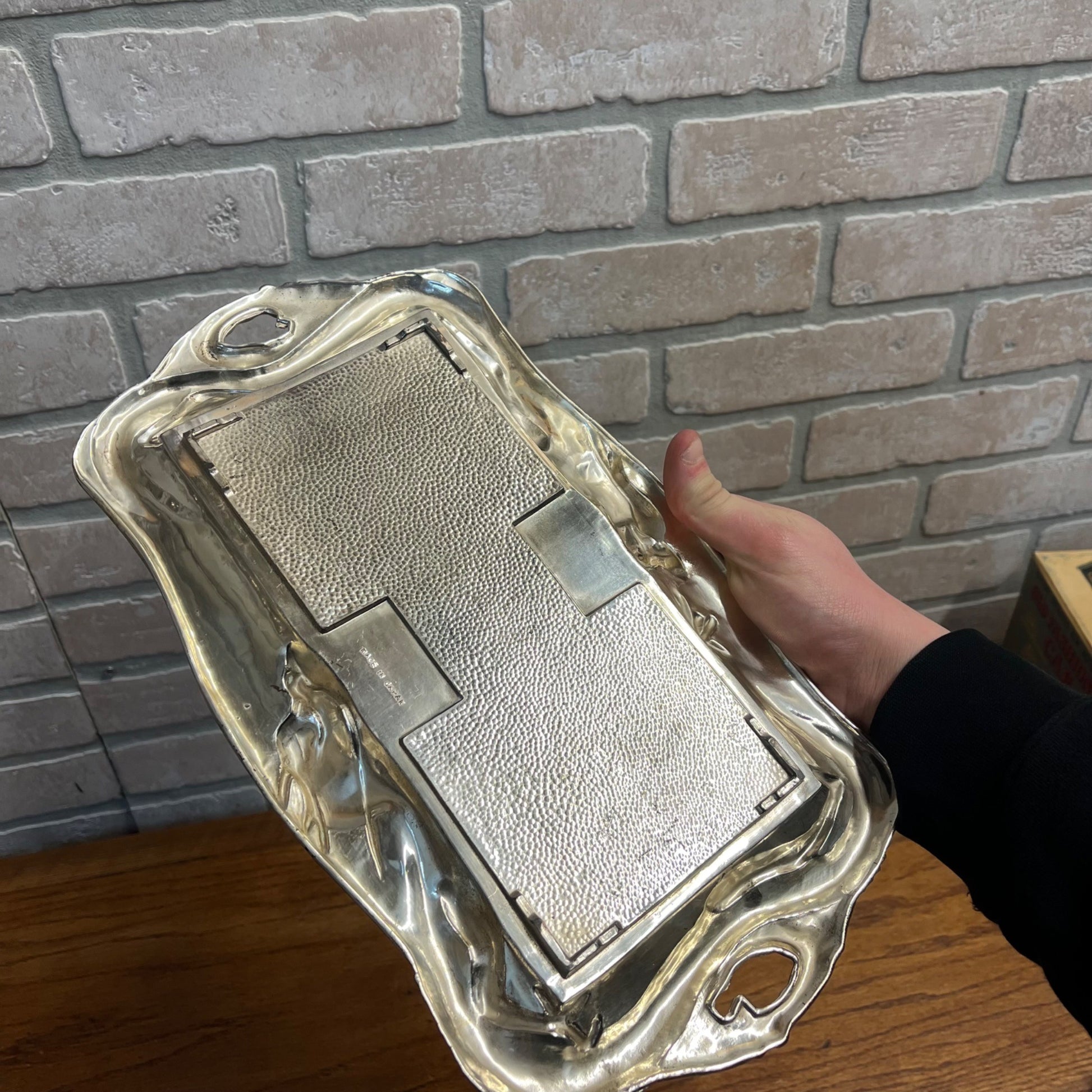 Vintage Japanese Nickel Plated Bronze Smoking Set Cigarette & Match Holder Tray