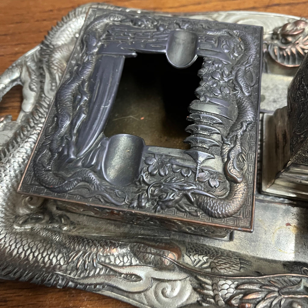 Vintage Japanese Nickel Plated Bronze Smoking Set Cigarette & Match Holder Tray