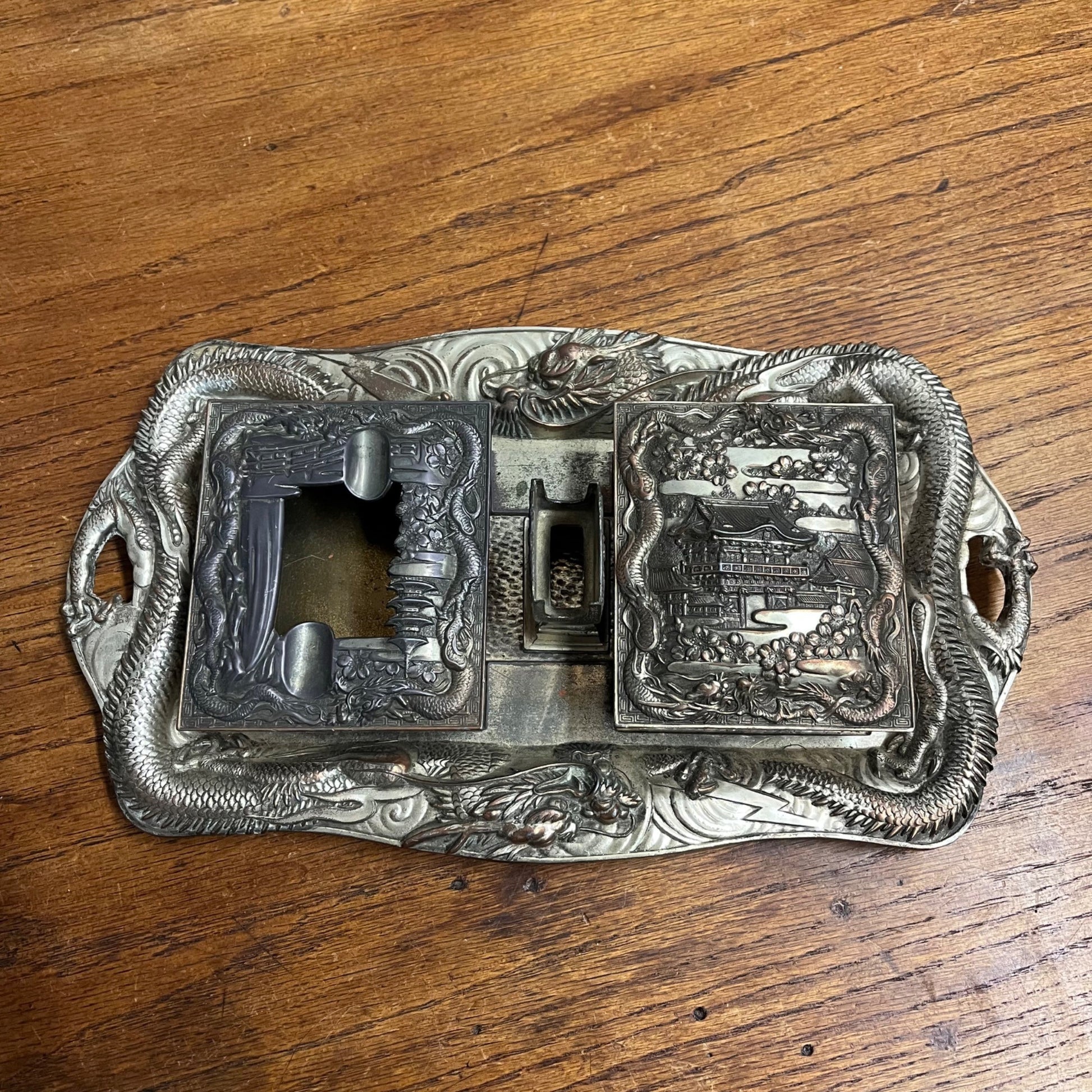 Vintage Japanese Nickel Plated Bronze Smoking Set Cigarette & Match Holder Tray