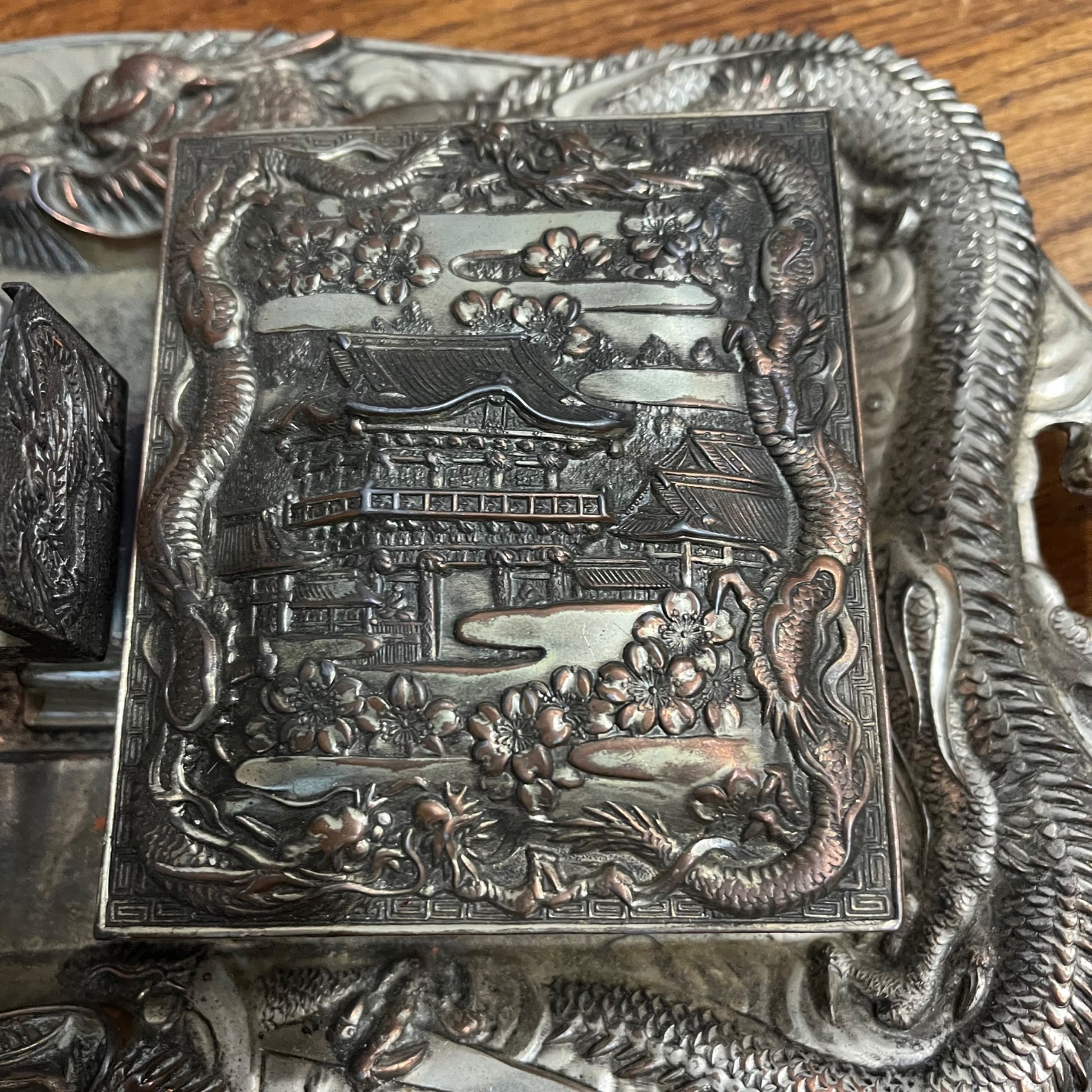 Vintage Japanese Nickel Plated Bronze Smoking Set Cigarette & Match Holder Tray