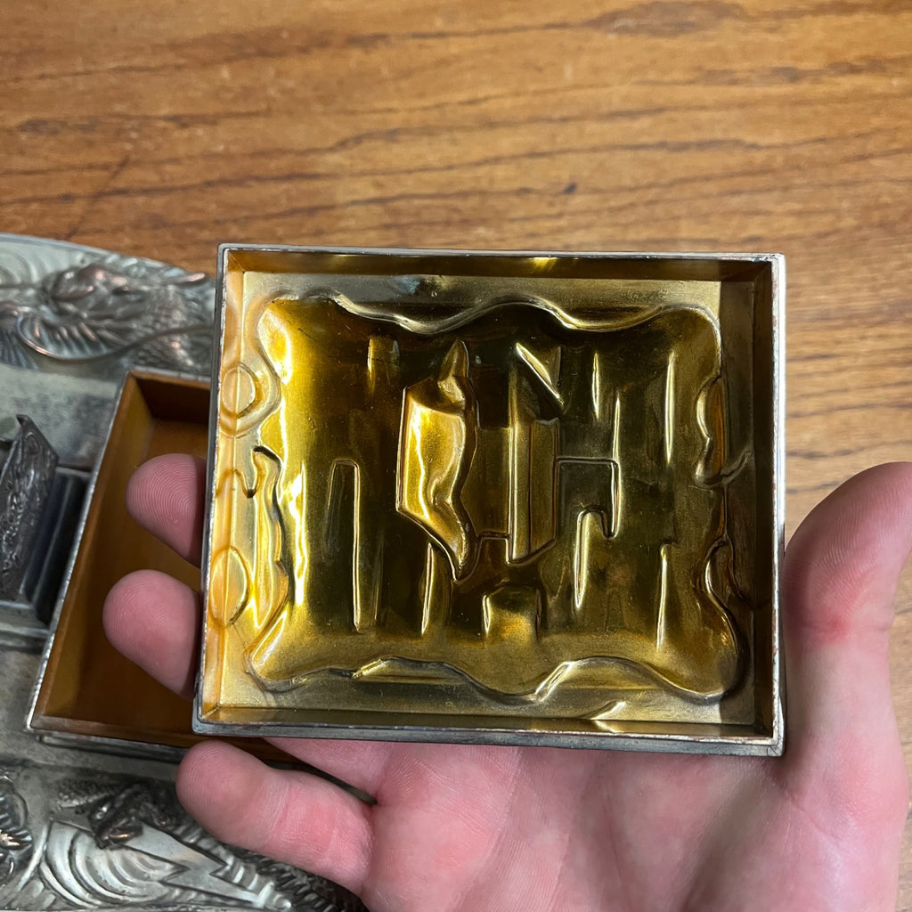 Vintage Japanese Nickel Plated Bronze Smoking Set Cigarette & Match Holder Tray