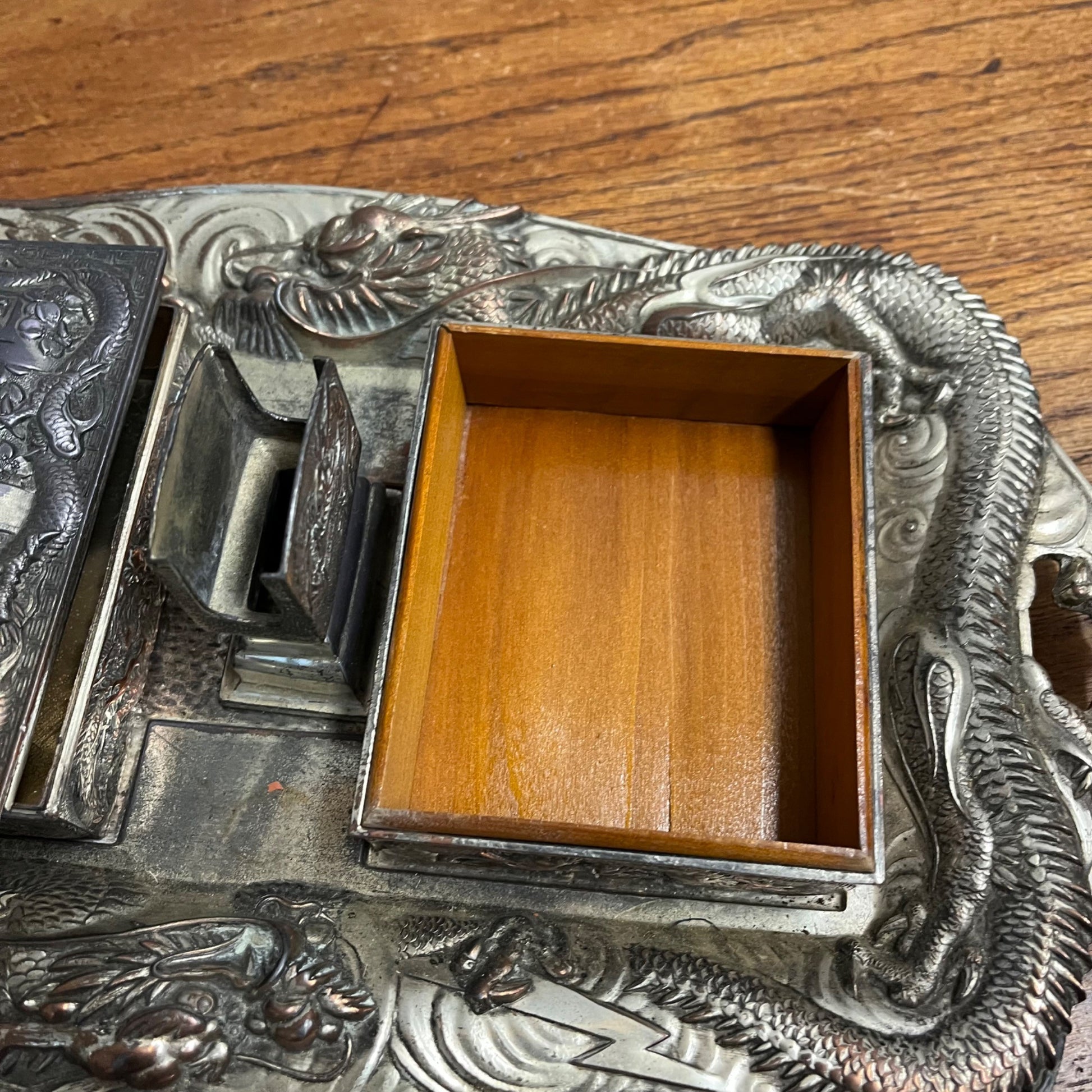 Vintage Japanese Nickel Plated Bronze Smoking Set Cigarette & Match Holder Tray