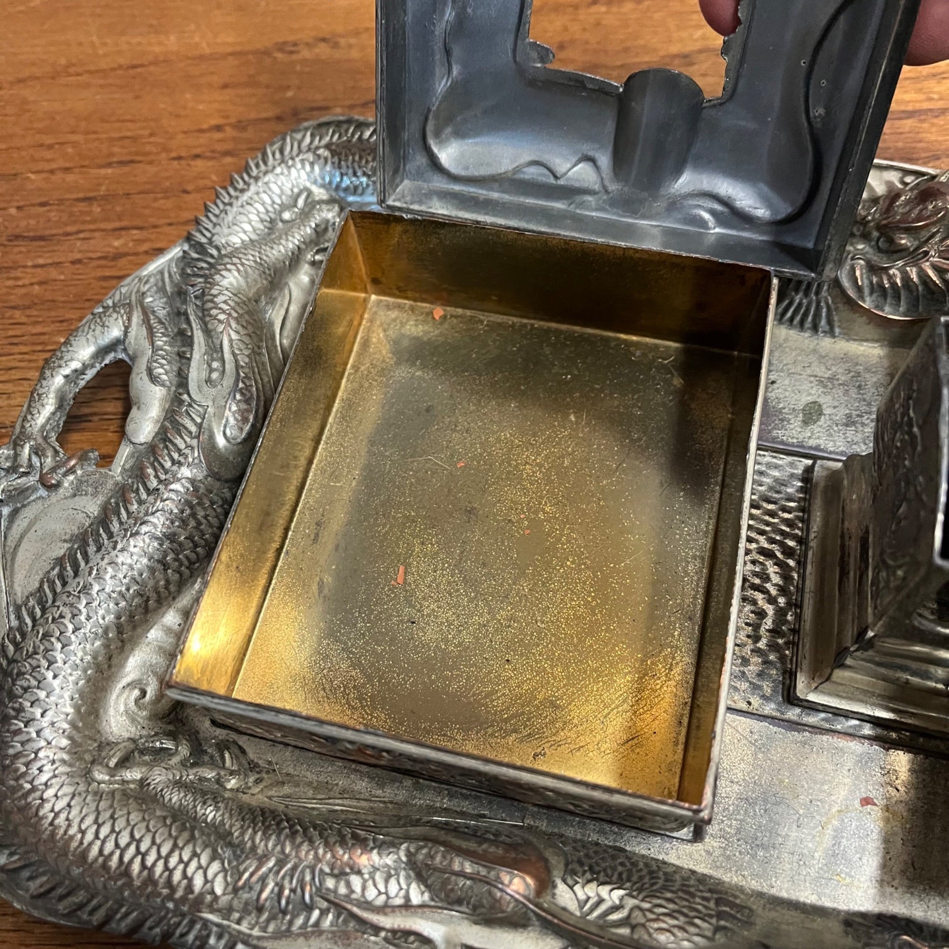 Vintage Japanese Nickel Plated Bronze Smoking Set Cigarette & Match Holder Tray