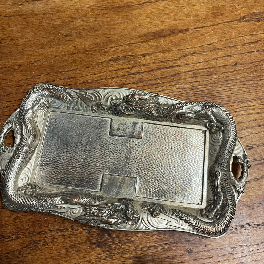 Vintage Japanese Nickel Plated Bronze Smoking Set Cigarette & Match Holder Tray