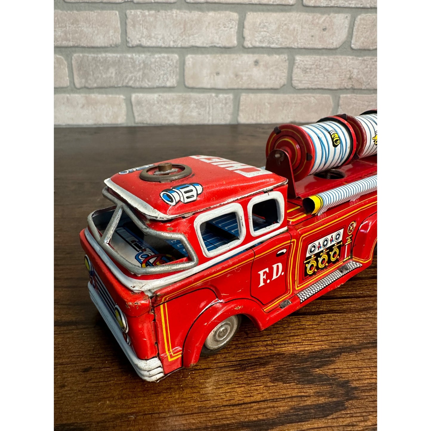 Vintage 60's Tin Friction Chief Fire Truck Toy Made In Japan