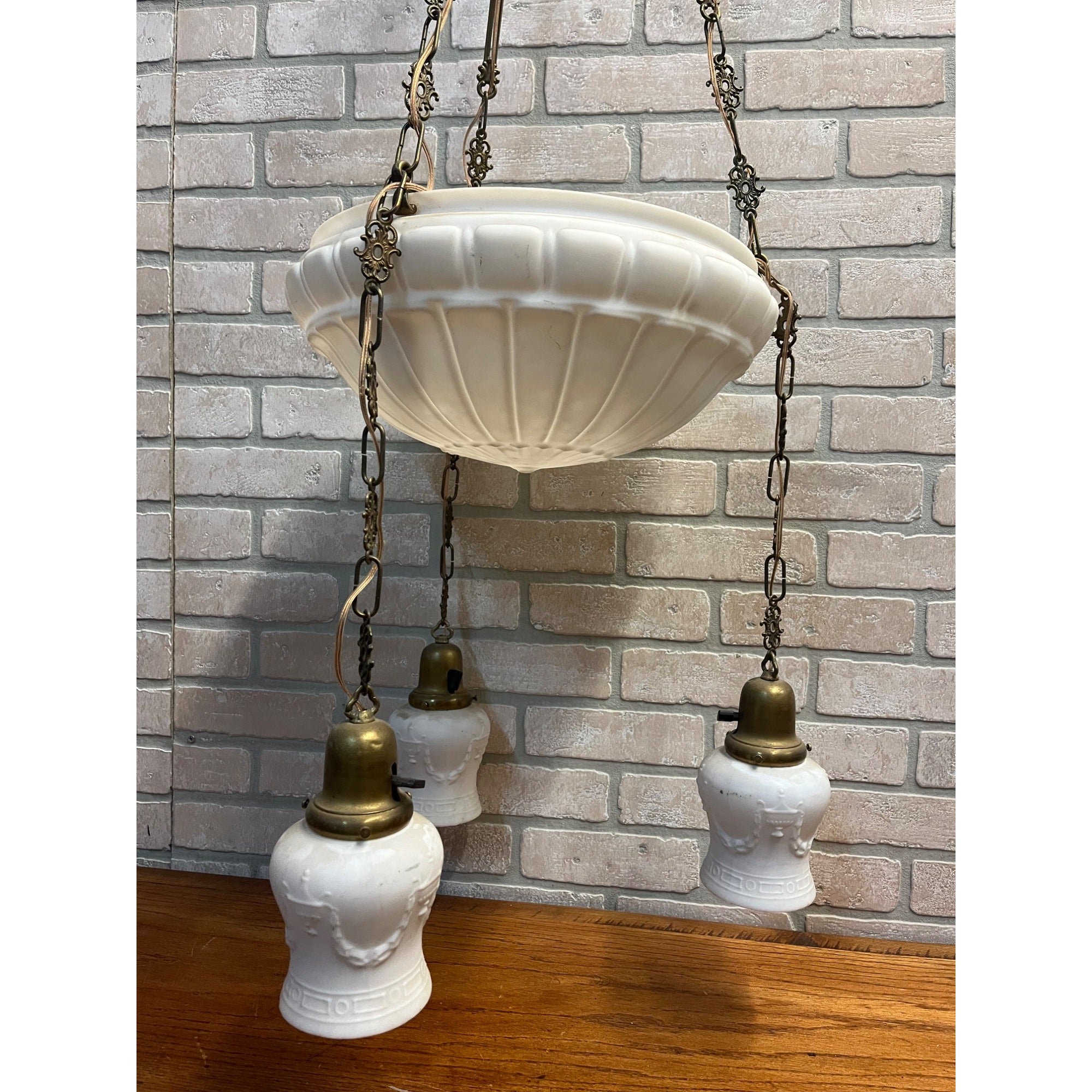 Vintage Art Nouveau Milk Glass Hanging Ceiling Light Fixture Chandelier Victorian