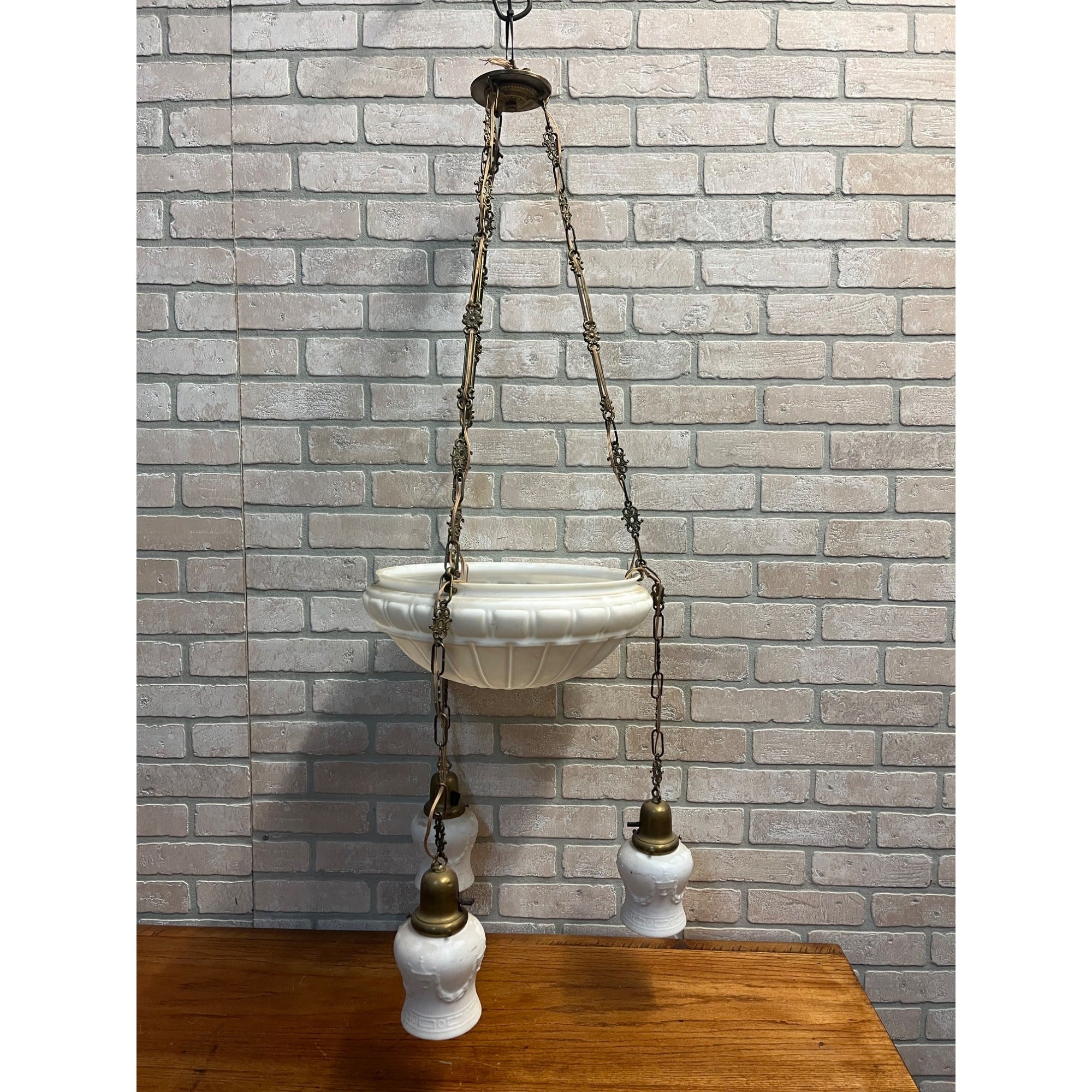 Vintage Art Nouveau Milk Glass Hanging Ceiling Light Fixture Chandelier Victorian