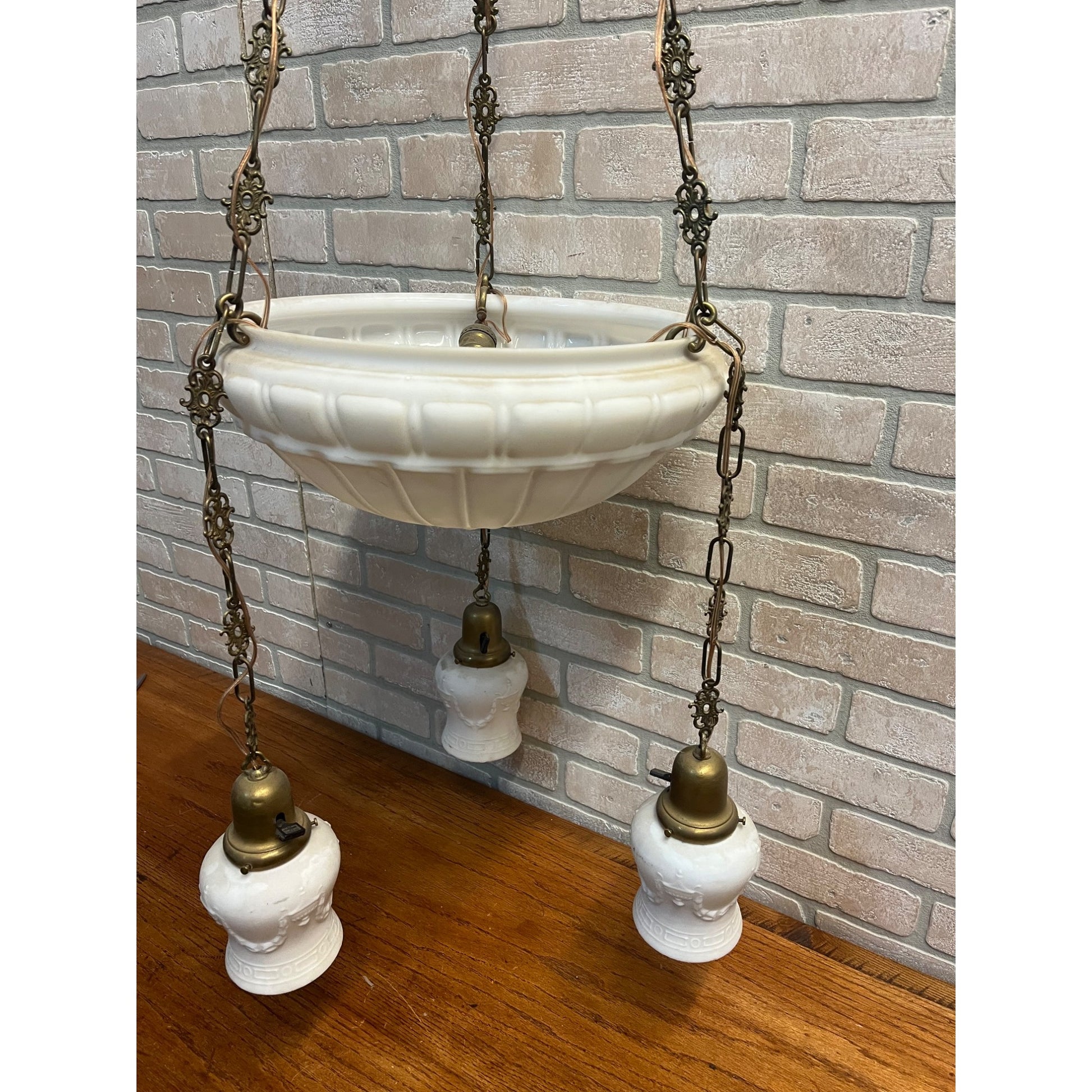 Vintage Art Nouveau Milk Glass Hanging Ceiling Light Fixture Chandelier Victorian