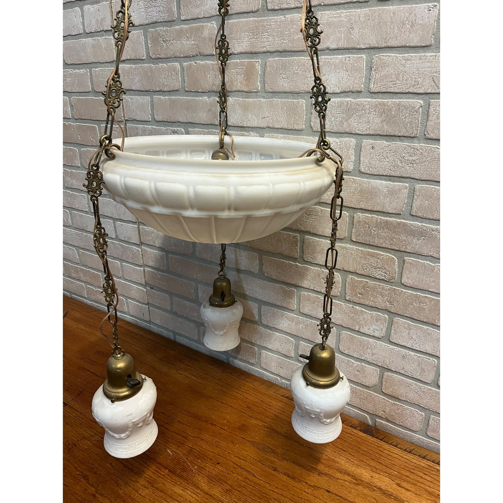 Vintage Art Nouveau Milk Glass Hanging Ceiling Light Fixture Chandelier Victorian