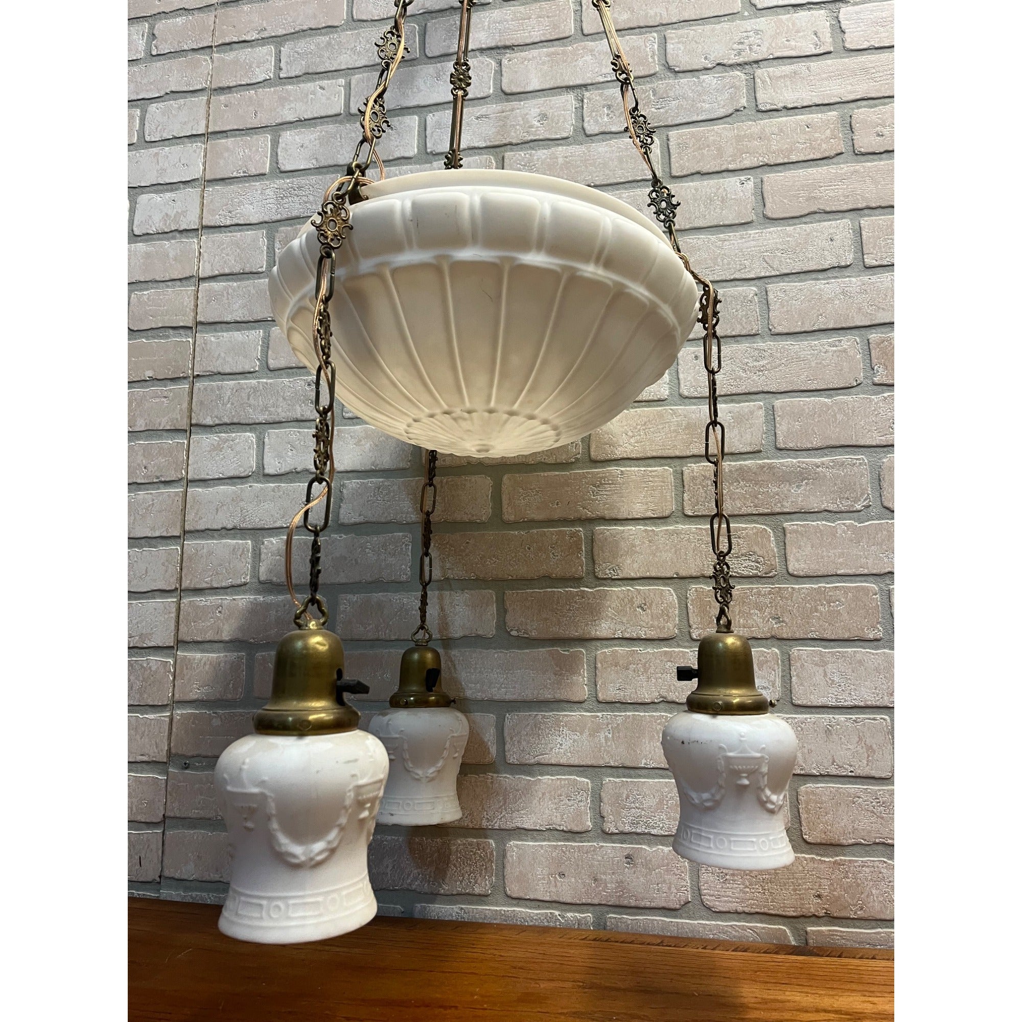Vintage Art Nouveau Milk Glass Hanging Ceiling Light Fixture Chandelier Victorian