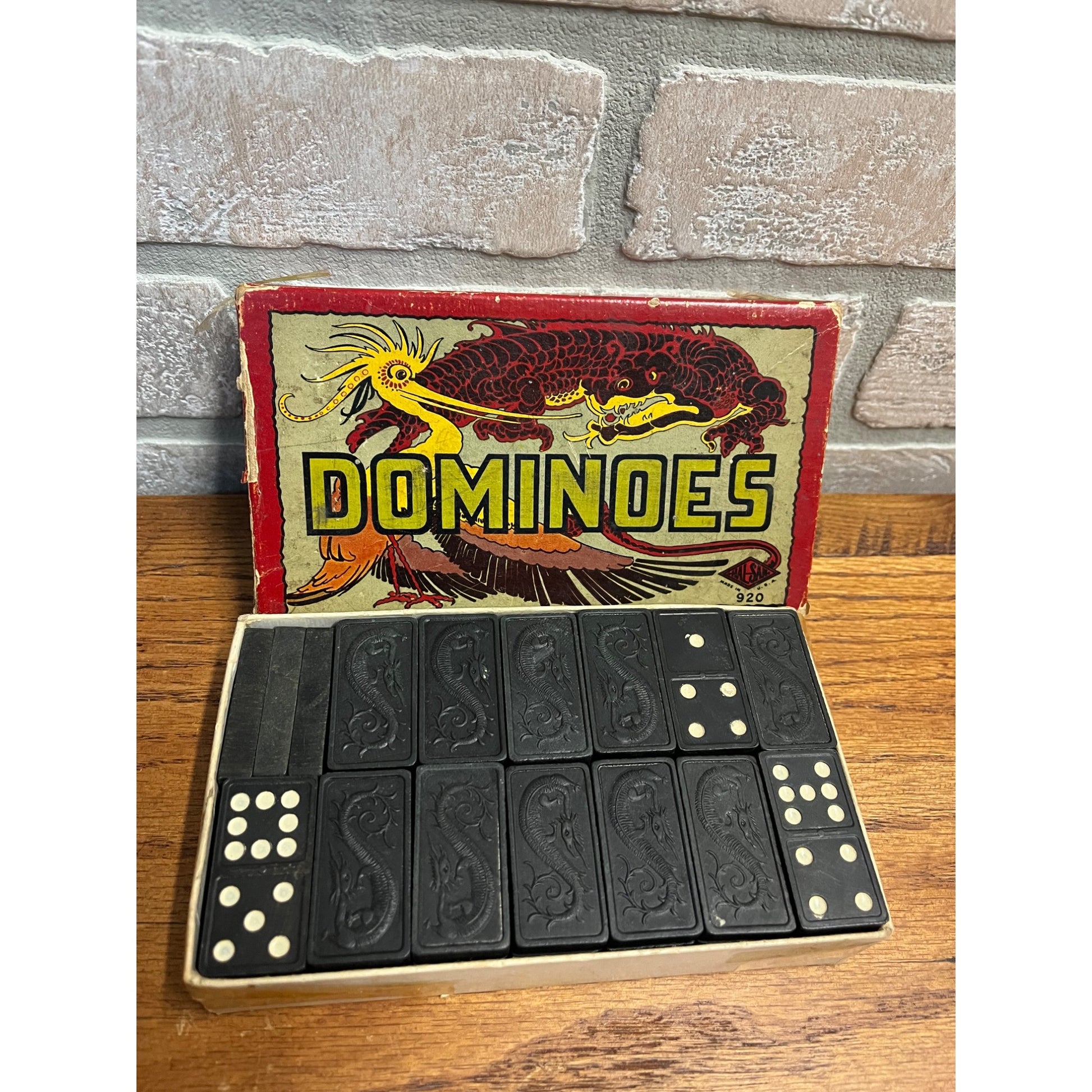 Vintage 1910s Double Nine Wooden Dragon Dominoes 920 Halsam 56 pcs