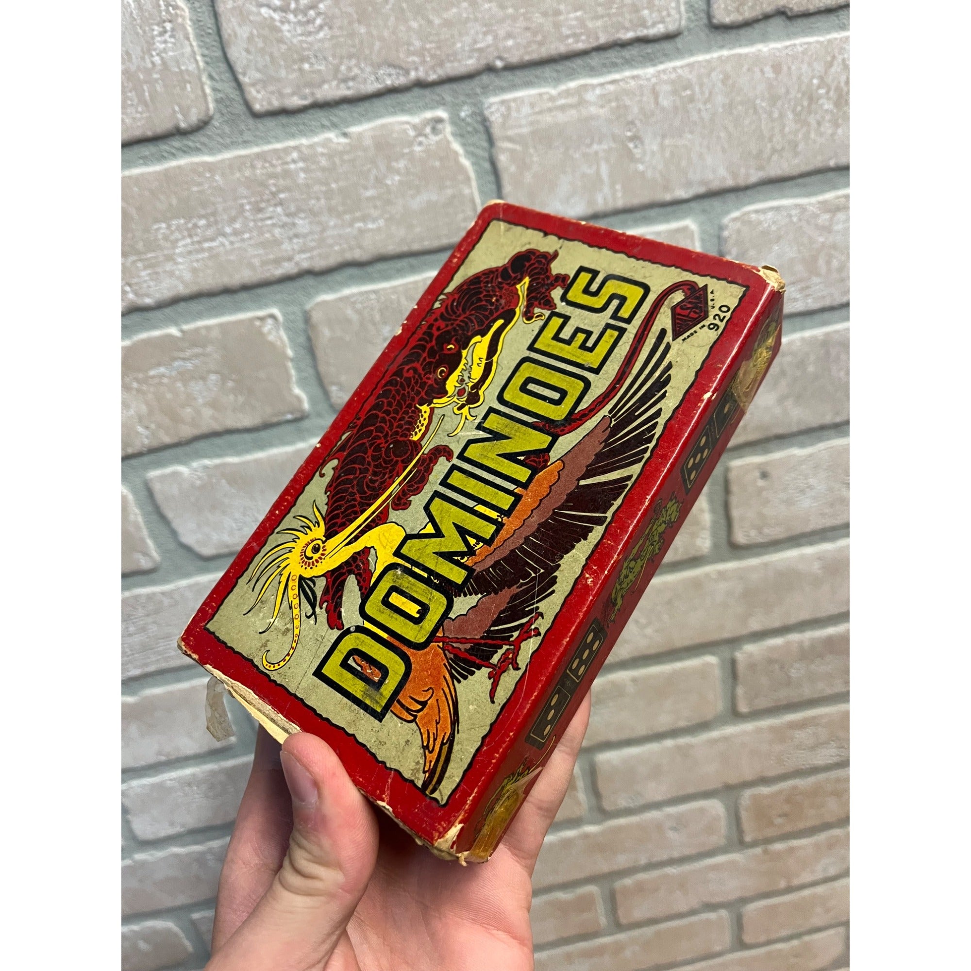 Vintage 1910s Double Nine Wooden Dragon Dominoes 920 Halsam 56 pcs