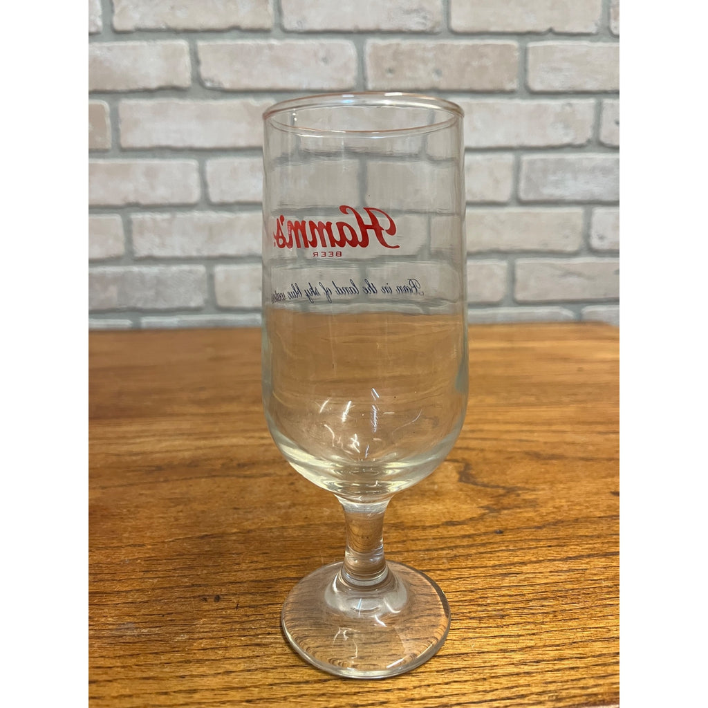 Vintage Hamm's Beer Stemmed Glass Land of Sky Blue Waters 7" Barware