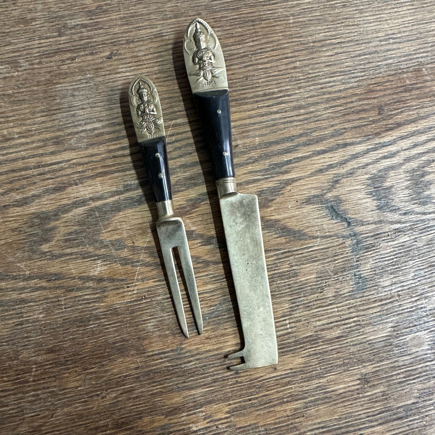 Vintage Siam Thailand Praying Budda Appetizer Fork + Cheese Knife Teak Wood