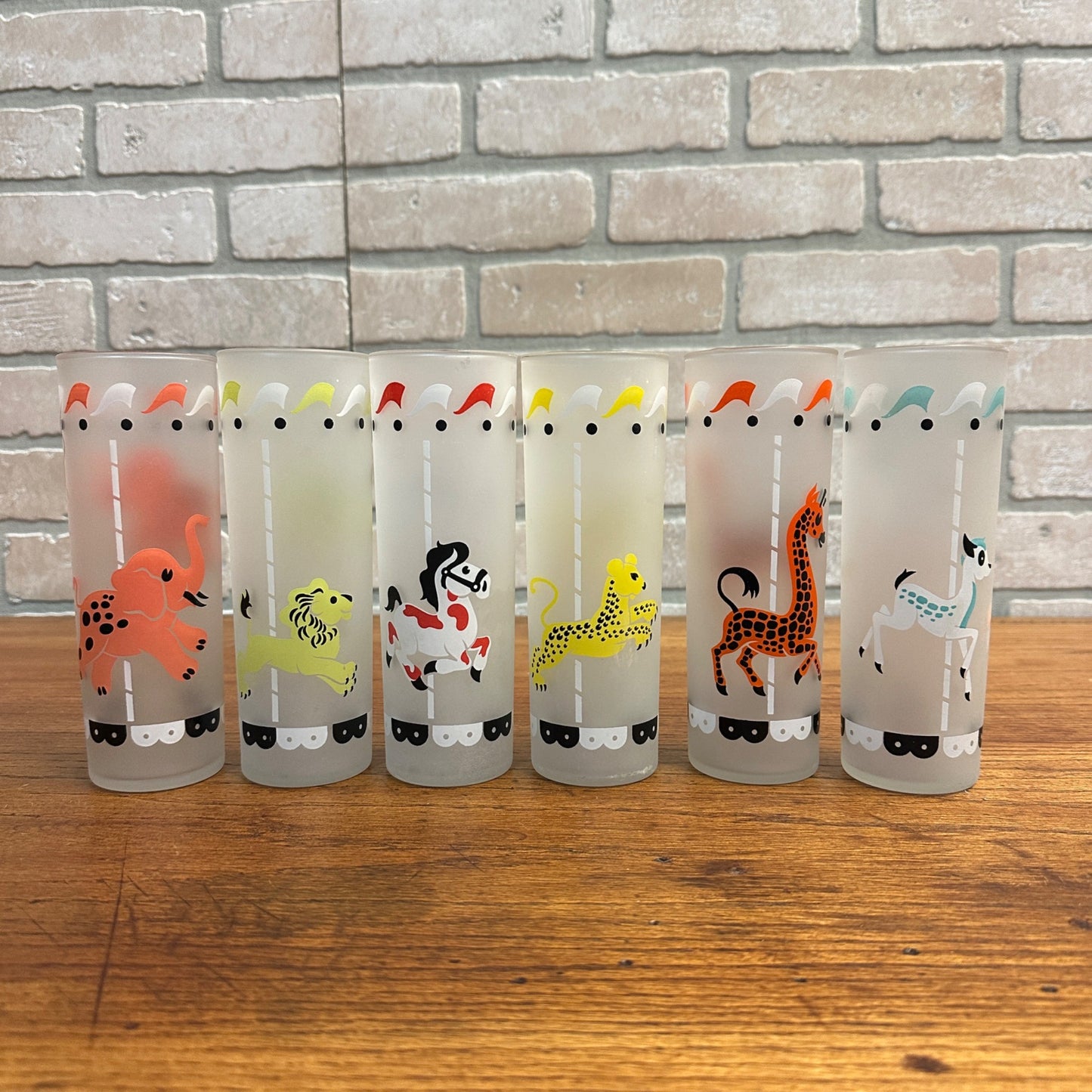 Vintage Libby Carousel Frosted Glasses Set of 6 Circus Merry Go Round