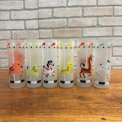 Vintage Libby Carousel Frosted Glasses Set of 6 Circus Merry Go Round